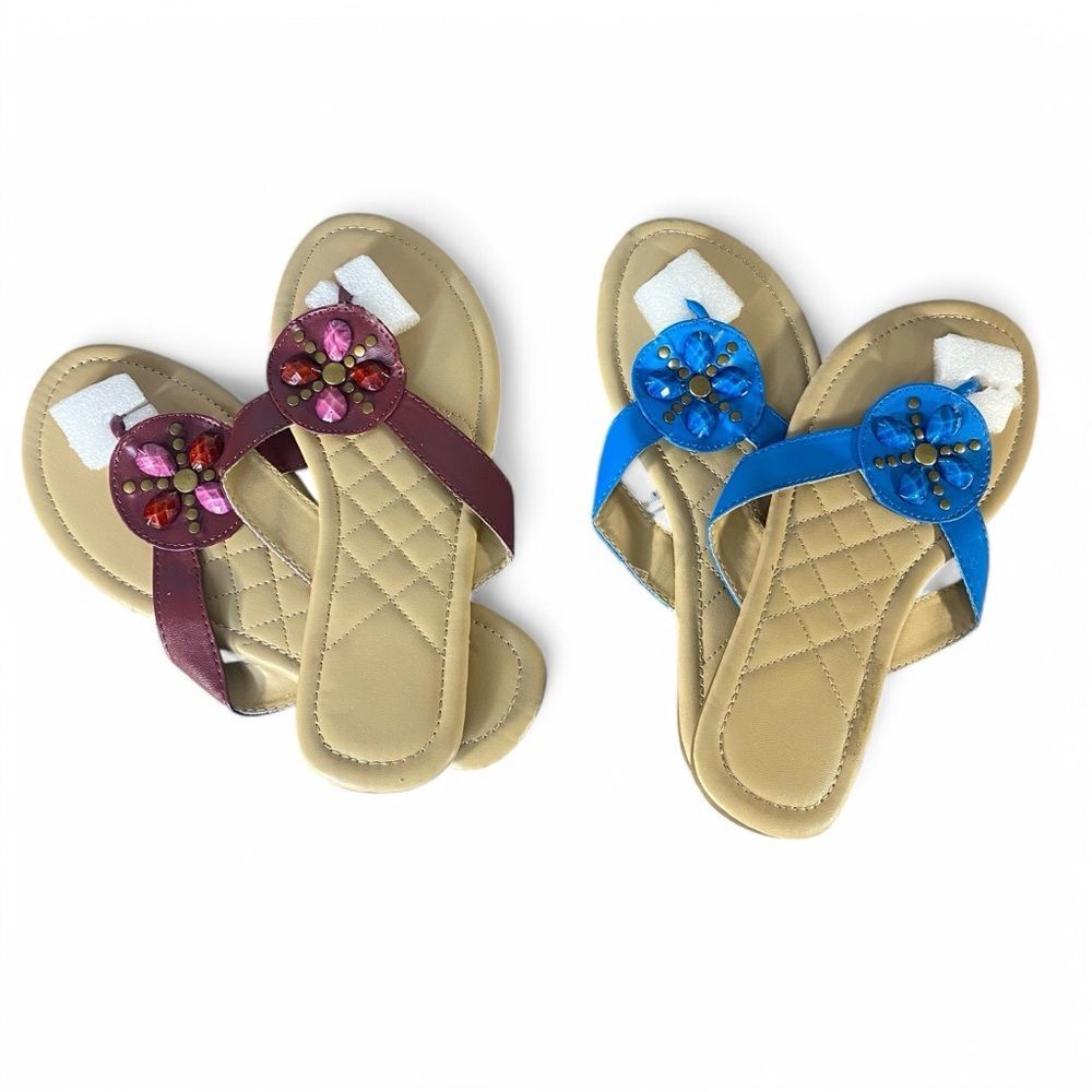 Flip Flops Two Pair Summer Sandals Beaded Colorful Beach Cruise Size M 7 - 8